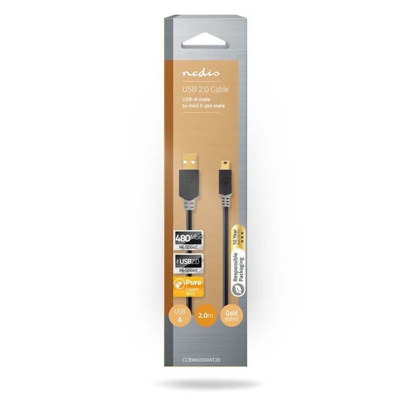 USB-kabel | USB 2.0 | USB-A Hane | USB Mini-B 5 pin Hane | 480 Mbps | Guldplaterad | 2.00 m | Rund | PVC | Antracit | Kartong med fönster