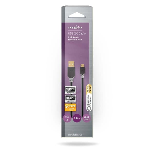 USB-kabel | USB 2.0 | USB-A Hane | USB Micro-B Hane | 480 Mbps | Guldplaterad | 2.00 m | Rund | PVC | Antracit | Låda
