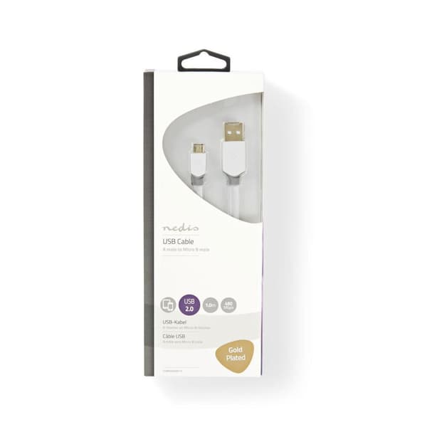 USB-kabel | USB 2.0 | USB-A Hane | USB Micro-B Hane | 480 Mbps | Guldplaterad | 1.00 m | Platt | PVC | Vit | Kartong med fönster