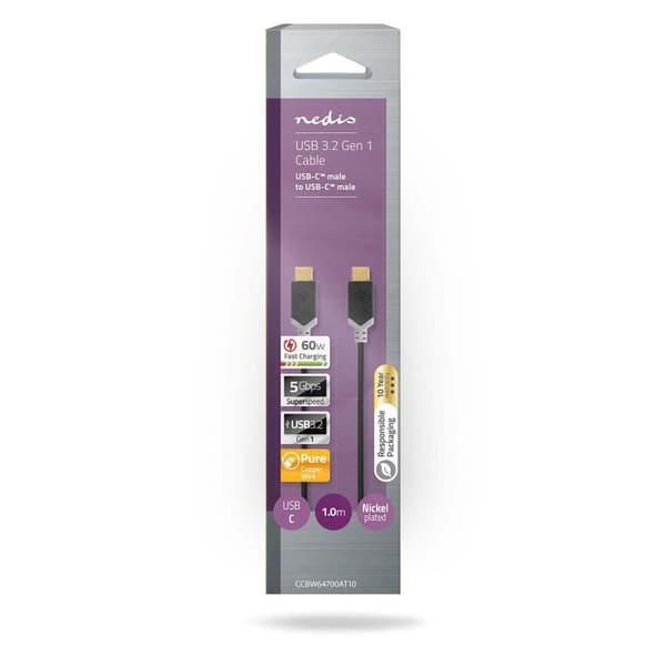 USB-kabel | USB 3.2 Gen 1 | USB-C™ Hane | USB-C™ Hane | 60 W | 4K@60Hz | 5 Gbps | Nickelplaterad | 1.00 m | Rund | PVC | Antracit | Kartong med fönste