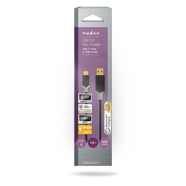 USB-kabel | USB 3.2 Gen 1 | USB-A Hane | USB-C™ Hane | 60 W | 5 Gbps | Guldplaterad | 1.00 m | Rund | PVC | Antracit | Kartong med fönster