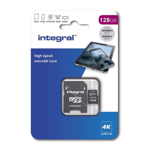 128 GB højhastigheds microSDHC/XC V30 UHS-I U3 hukommelseskort