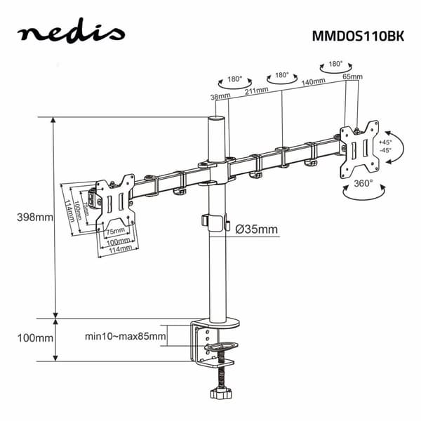 Desk Monitor Mount | 2 Skjerm(er) | 15 - 32 " | 75x75 / 100x100 | Full Motion