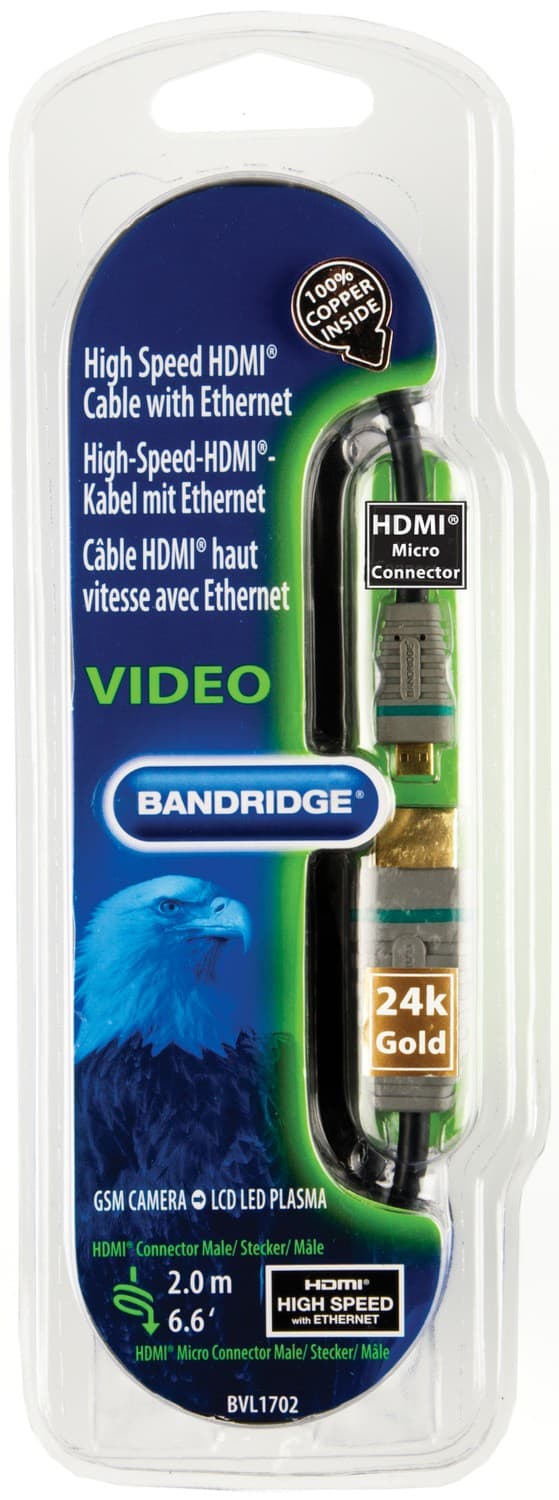 High Speed HDMI Kabel med Ethernet HDMI Kontakt - HDMI Micro Hane 2.00 m Blå