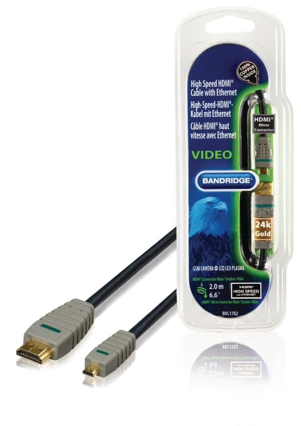 High Speed HDMI Kabel med Ethernet HDMI Kontakt - HDMI Micro Hane 2.00 m Blå
