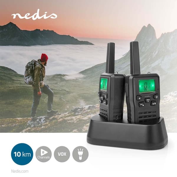 Walkie-talkie Set | 2 Håndsæt | Op til 10 km | Frekvens kanaler: 8 | PTT / VOX | Op til 6 Timer | Opladningsstation inkluderet | Hovedtelefonudgang |