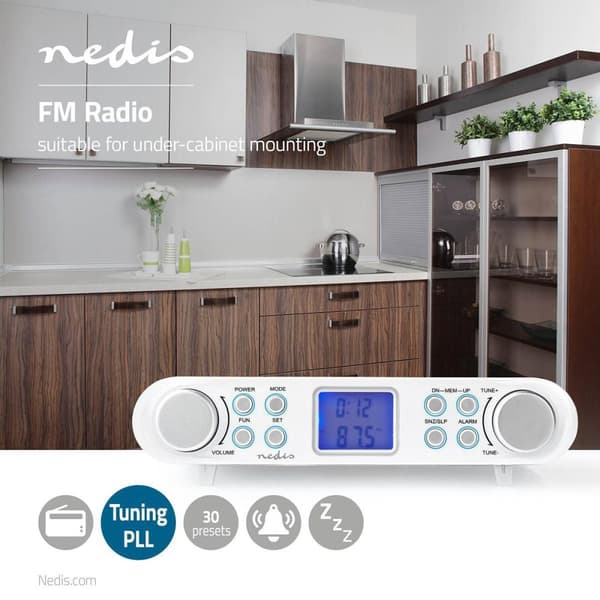 Keittiö Radio | Kaappimuotoilu | FM | Verkkovirtakäyttöinen | Digitaalinen | 1.5 W | 2 " | Mustasininen näyttö | Herätyskello | Hopea / Valkoinen