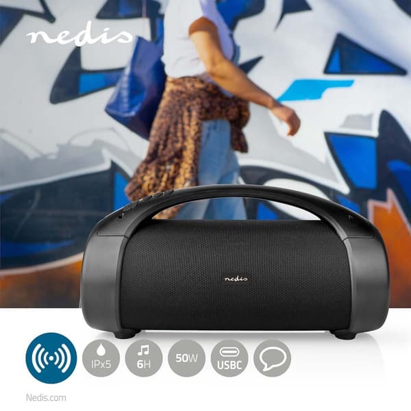 Bluetooth® Party Boombox | 6 timer | 2.0 | 50 W | Media avspilling: AUX / USB | IPX5 | Linkable | Bære håndtak | Party lys | Sort