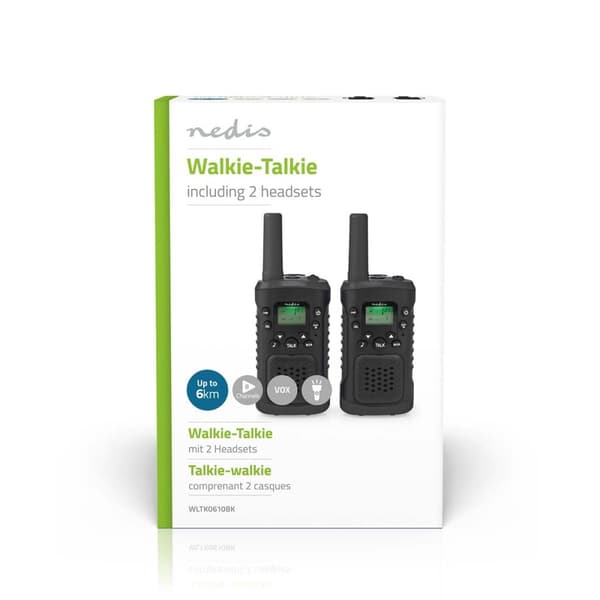 Walkie-talkie Set | 2 Håndsæt | Op til 6 km | Frekvens kanaler: 8 | PTT / VOX | Op til 3 Timer | Hovedtelefonudgang | 2 Headsets | Sort