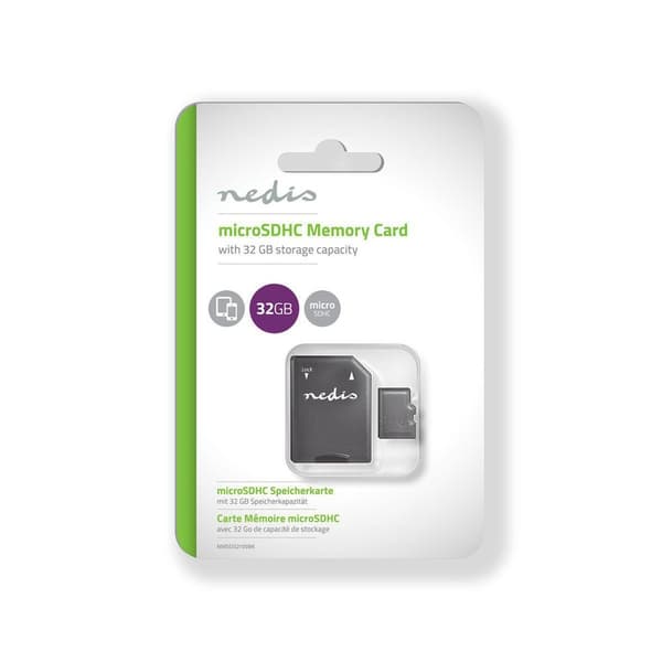 Minneskort | microSDHC | 32 GB | Skrivhastighet: 90 MB/s | Läshastighet: 45 MB/s | UHS-I | SD-adapter ingår