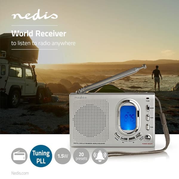 World Radio | Bærbar design | AM / FM / SW | Batteri drevet / Nettstrøm drevet | Digitalt | 1.5 W | Hodetelefonutgang | Vekkeklokke | Sleep timer | Gr