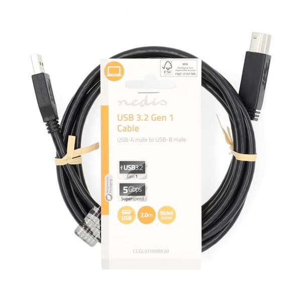 USB-kabel | USB 3.2 Gen 1 | USB-A Hane | USB-B Hane | 5 Gbps | Nickelplaterad | 2.00 m | Rund | PVC | Svart | Label
