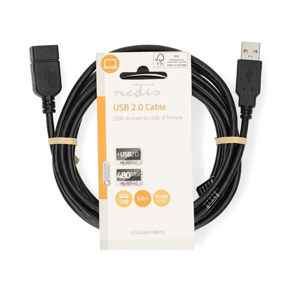 USB-kabel | USB 2.0 | USB-A Hane | USB-A Hona | 480 Mbps | Nickelplaterad | 3.00 m | Rund | PVC | Svart | Label