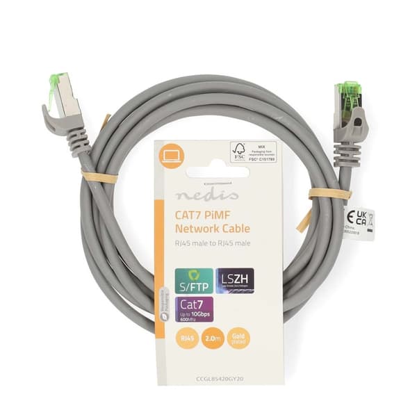 CAT7 netværkskabel | S/FTP | RJ45 Han | RJ45 Han | 2.00 m | Snagless | Runde | LSZH | Grå | Label