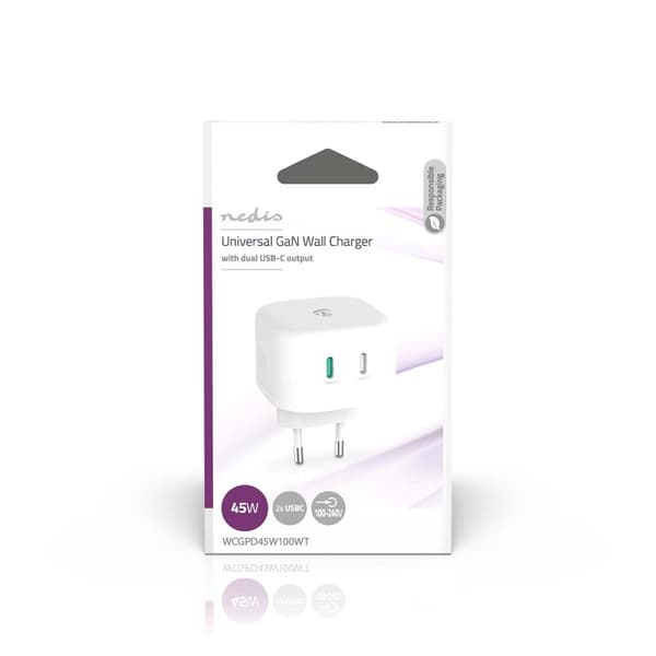 Vægoplader | 45 W | GaN | Hurtigopladningsfunktion | 2.25 A / 3.0 A | Antal output: 2 | 2x USB-C™ | Automatisk Valgt Spænding