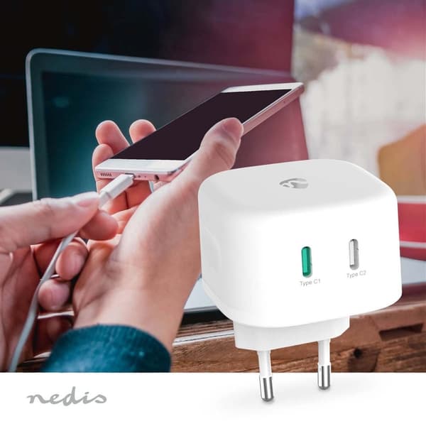 Vægoplader | 45 W | GaN | Hurtigopladningsfunktion | 2.25 A / 3.0 A | Antal output: 2 | 2x USB-C™ | Automatisk Valgt Spænding