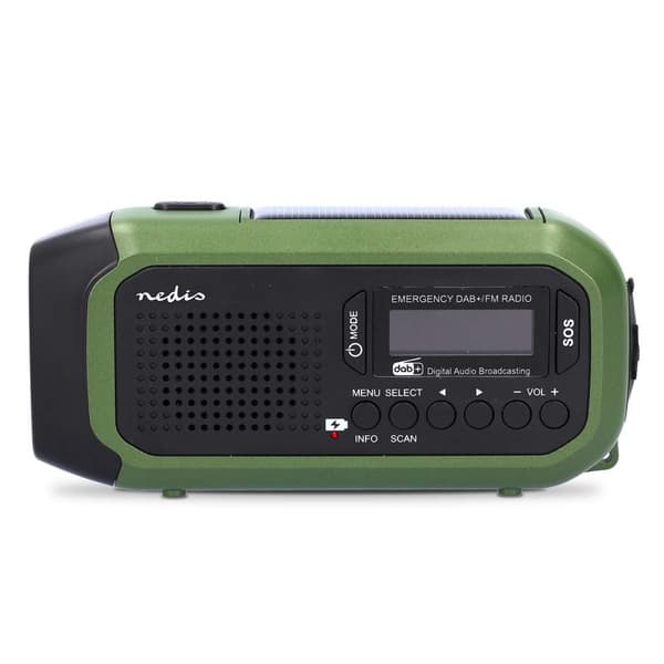 Nødradio | Bærbar design | DAB+ / FM | Batteri drevet / Hånd sveiv / Solar Powered / USB-Strøm | Vekkeklokke | Grøn / Sort