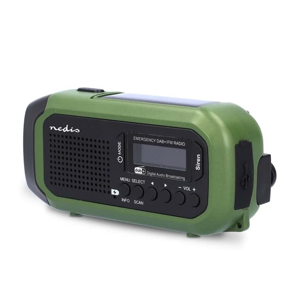 Nødradio | Bærbar design | DAB+ / FM | Batteri drevet / Hånd sveiv / Solar Powered / USB-Strøm | Vekkeklokke | Grøn / Sort