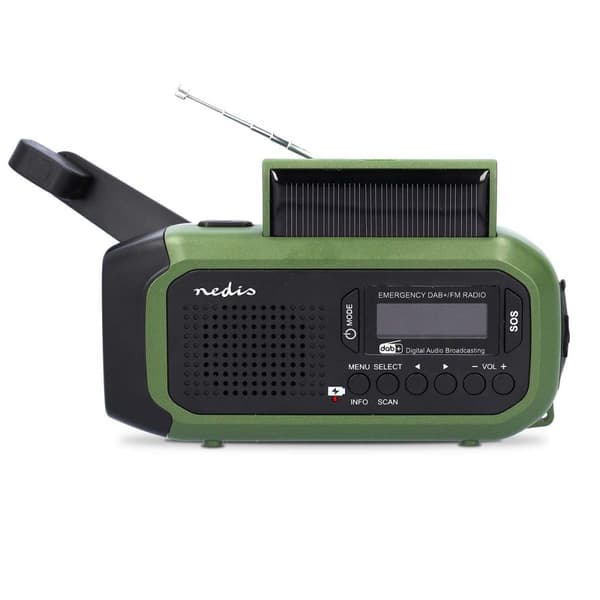 Nødradio | Bærbar design | DAB+ / FM | Batteri drevet / Hånd sveiv / Solar Powered / USB-Strøm | Vekkeklokke | Grøn / Sort