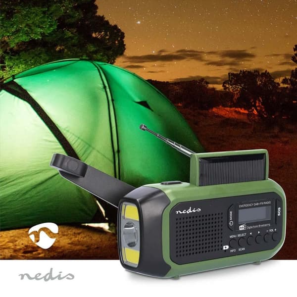 Nødradio | Bærbar design | DAB+ / FM | Batteri drevet / Hånd sveiv / Solar Powered / USB-Strøm | Vekkeklokke | Grøn / Sort