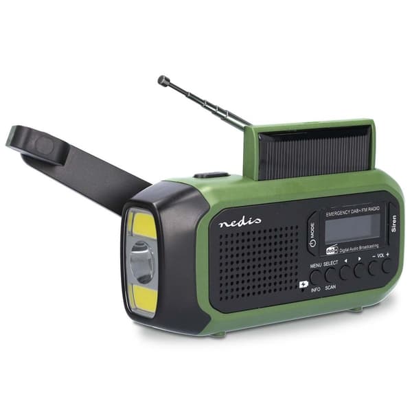 Nødradio | Bærbar design | DAB+ / FM | Batteri drevet / Hånd sveiv / Solar Powered / USB-Strøm | Vekkeklokke | Grøn / Sort