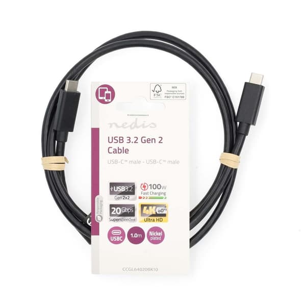 USB-kabel | USB 3.2 Gen 2x2 | USB-C™ Hane | USB-C™ Hane | 100 W | 4K@60Hz | 20 Gbps | Nickelplaterad | 1.00 m | Rund | PVC | Svart | Label