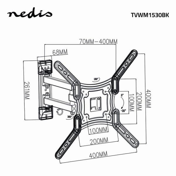 Fuld Motion TV Vægbeslag | 23-55 " | Maksimal vægt: 30 kg | Vipbar | Kan drejes | Minimum vægafstand: 70 mm | Maksimal vægafstand: 400 mm | 3 Drejepun