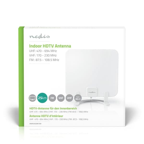 Innomhusantenn | Aktiv | FM / UHF / VHF | Mottagningsområde: 0-25 km | LTE700 | Förstärkning: 30 dB | ABS | Vit
