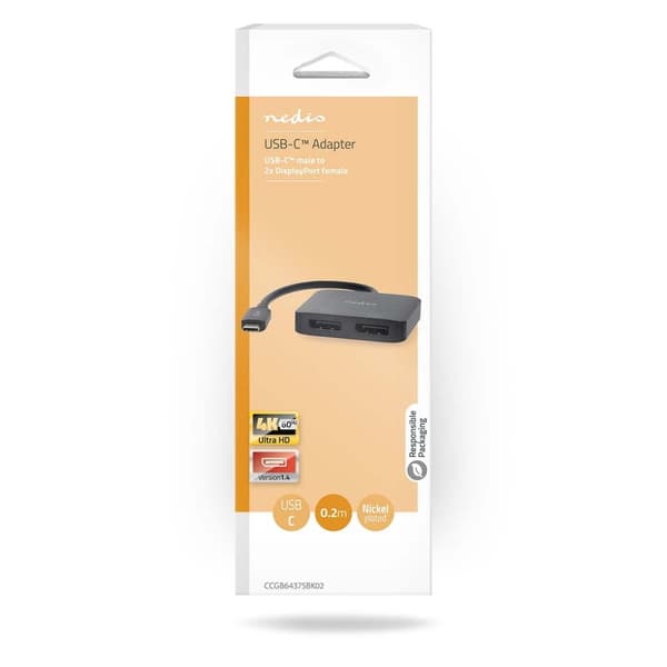 USB-C™ Adapter | USB 3.2 Gen 1 | USB-C™ Hann | 2x Displayport Female | 4K@60Hz | 0.20 m | Rund | Nikkel belagt | PVC | Sort | Boks