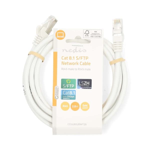 Cat 8.1 nätverkskabel | S/FTP | RJ45 hane | RJ45 hane | 2.00 m | Rund | LSZH | Vit | Label