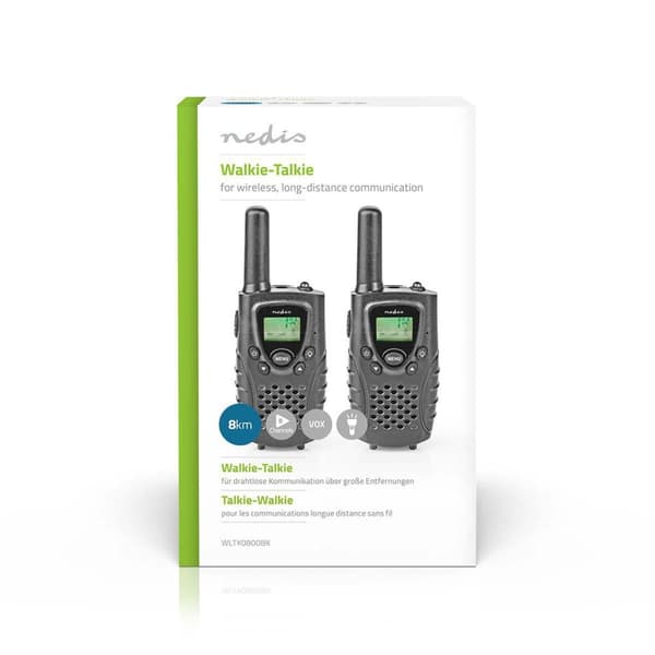 Walkie-talkie Set | 2 Håndsæt | Op til 8 km | Frekvens kanaler: 8 | PTT / VOX | Op til 2.5 Time | Hovedtelefonudgang | Sort