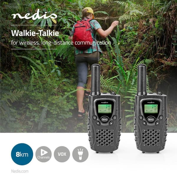 Walkie-talkie Set | 2 Håndsæt | Op til 8 km | Frekvens kanaler: 8 | PTT / VOX | Op til 2.5 Time | Hovedtelefonudgang | Sort
