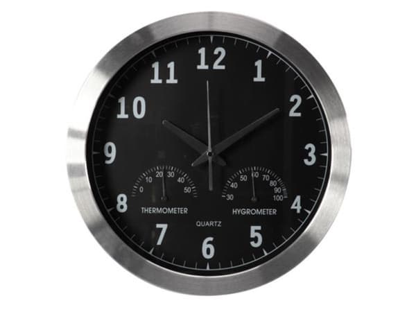 Veggklokke i aluminium med termometer & hygrometer - Ø 35,5 Cm