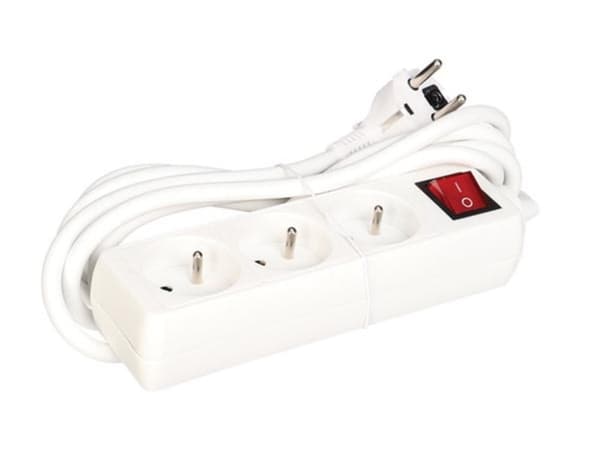 3-vejs Stikkontakt Med Afbryder - 3 M Kabel - Hvid - Fransk Stikkontakt