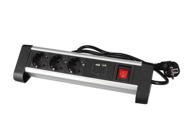 Skrivebordsstrømuttak med 3 stikkontakter og 2 usb-ladeporter - 2,4 A - Schuko