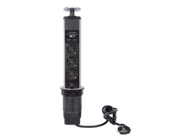 3-vejs pop-up skrivebordsstik med 2 x usb - Schuko