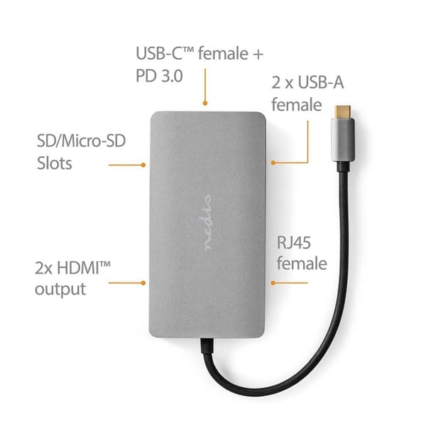 USB Multi-Port Adapter | USB 3.2 Gen 1 | USB-C™ Hane | Micro SD / RJ45 Hona / SD / USB-C™ Hona / 2x HDMI™ / 2x USB-A Hona | 5 Gbps | 0.20 m | Rund | G
