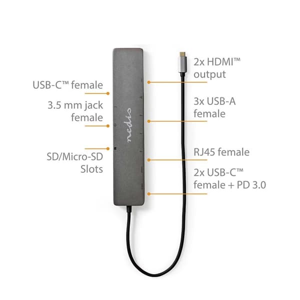 USB N Moniporttisovitin | USB 3.2 Gen 1 | USB-C™ Uros | Micro SD / RJ45 Naaras / SD / 2x HDMI™ / 2x USB-C™ / 3x USB-A Naaras | 0.40 m | Pyöreä | Kulla