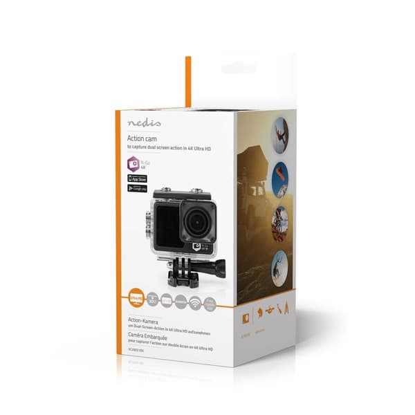 Action Cam | Dobbelt Skærm | 4K@30fps | 16 MPixel | Vandtæt op til: 30.0 m | 90 min | Wi-Fi | App tilgængelig til: Android™ / IOS | Montering inkluder