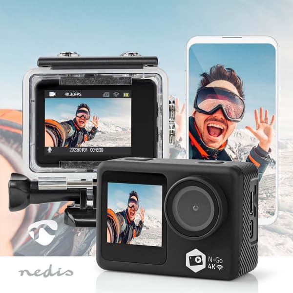 Action Cam | Dobbelt Skærm | 4K@30fps | 16 MPixel | Vandtæt op til: 30.0 m | 90 min | Wi-Fi | App tilgængelig til: Android™ / IOS | Montering inkluder