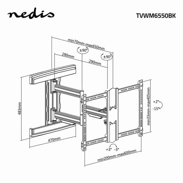 Täysin Säädettävä TV-Seinäteline | 37 - 80 " | Maksimi tuettu näytön paino: 50 kg | Kallistettava | Käänneltävä | Minimi etäisyys seinästä: 70 mm | Ma