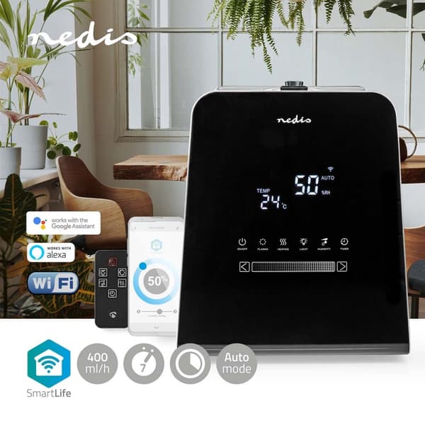 SmartLife-Kostutin | 110 W | Viileällä ja lämpimällä usvalla | 5.5 l | Kosteusmittari | Ajastin | Kaukosäädin | Yötila | Musta