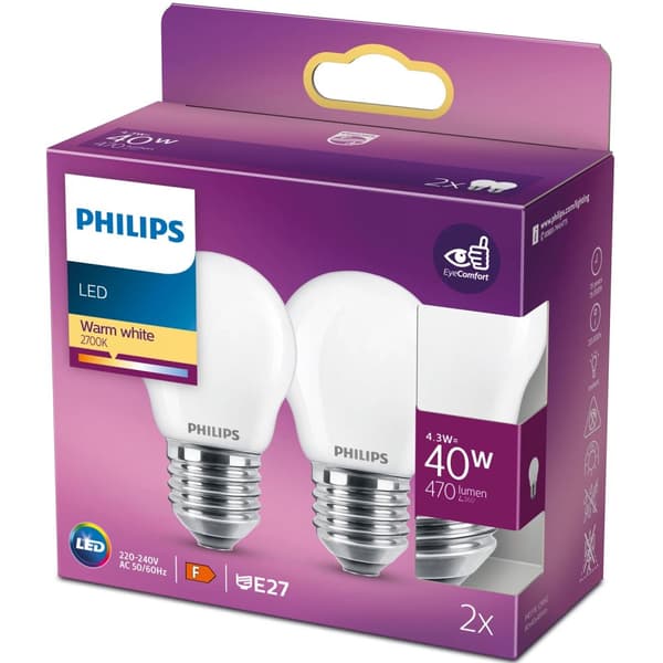 2-pak LED E27 P45 Globe 40W Frost 470lm