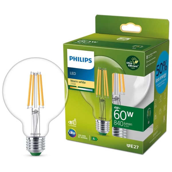 LED E27 G95 Glob 4W (60W) Klar 840lm 2700K Energiklass A