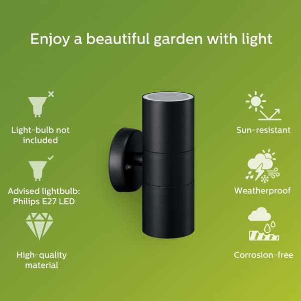 Kylis Vægarmatur Up-/downlight (2xGU10 fatning) IP44 Rustfrit stål Sort