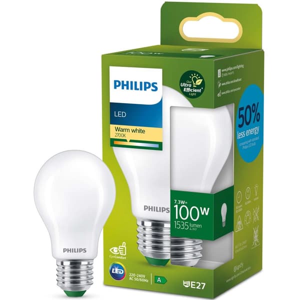 LED E27 Normal 7,3W (100W) Frosted 1535lm 2700K Energiklasse A