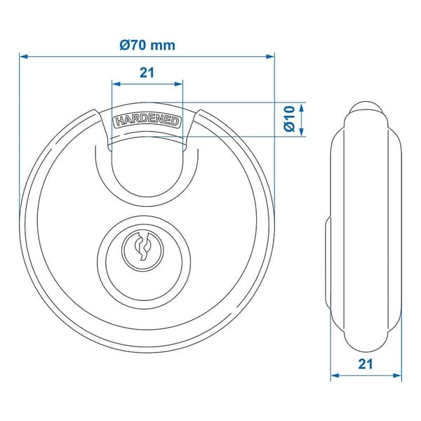 Kiekkolukko 70mm 2 kpl avaimia yhtäläisesti läpipainopakkauksessa