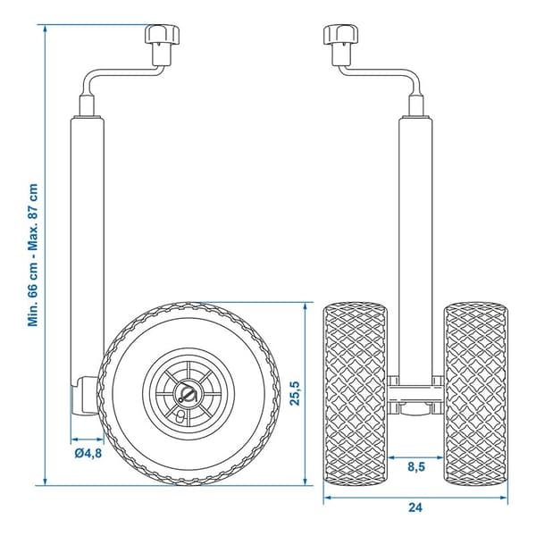 Dobbel jockeyhjul 48mm 2x plastfelg med luftdekk 260x85mm