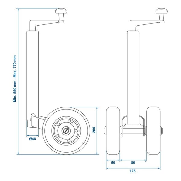 Kaksoisjockey-pyörä 48mm umpinaisilla luonnonkumirenkailla 200 x 50 mm