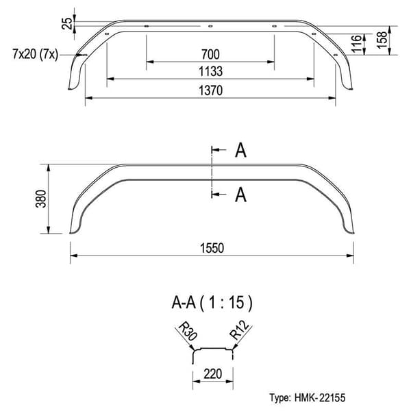 Hjulskjerm i plast dobbel aksel 13/14 tommer (22155)